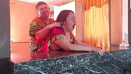 Stepson fucks his Indian stepmom hard in the kitchen standing up - Big tits bouncing non-stop