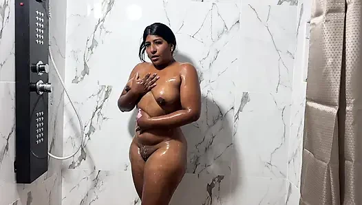 Big ass brunette shows off her big ass in the shower