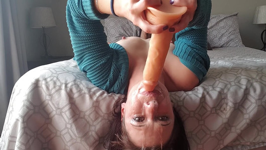 Skinny girl getting very sloppy, deepthroating her own throat with a dildo