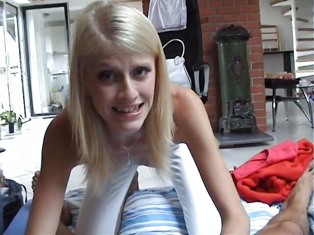 Skinny blonde girl fucking around the house