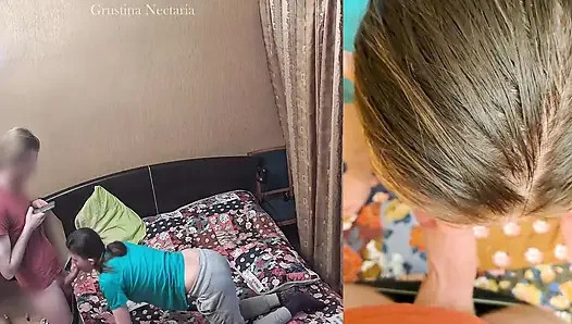 Real Russian couple's spontaneous bedroom blowjob, filmed on two cameras