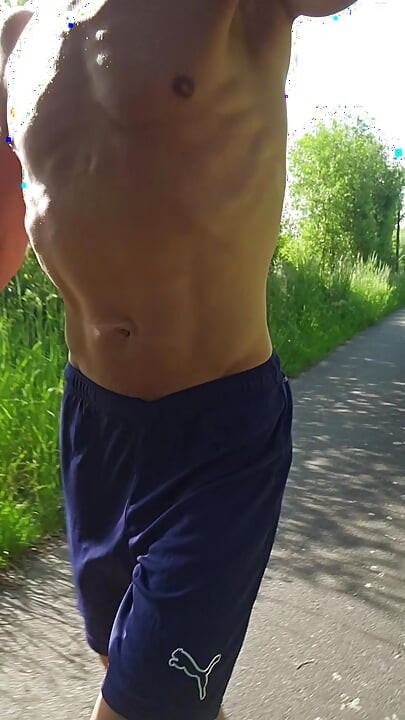 Skinny boy risky jogging naked in public. Huge pissing, Huge cumshot outdoor. Very risky