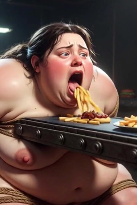 縛られたSSBBWがひざまずいて大量の食事を - 腹の詰め物をする