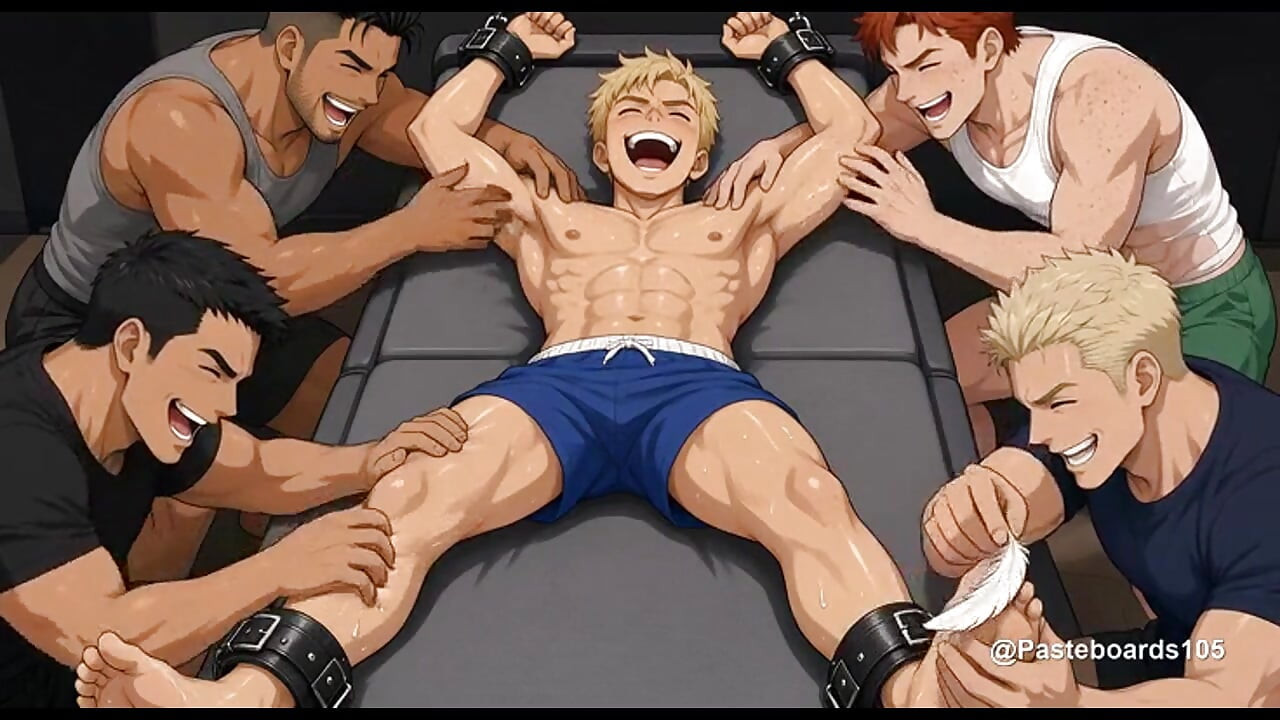 Bound Blond Jock - Four Men Tickling His Armpits, Soles And Toes (2D Anime)