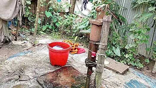 Refreshing Outdoor Bath in an Open Field