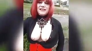 sissy slut walks around and shows her big tits by the roadside