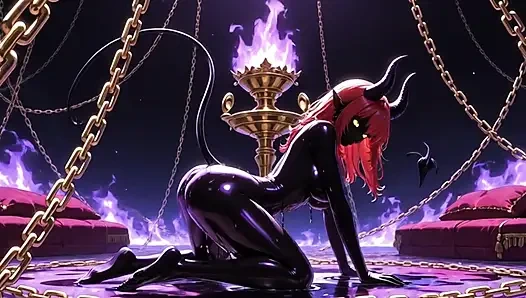 Para bangsawan succubus yang menawan dengan tubuh aduhai berlumuran minyak hitam mengkilap menari dengan sensual di pala terapung