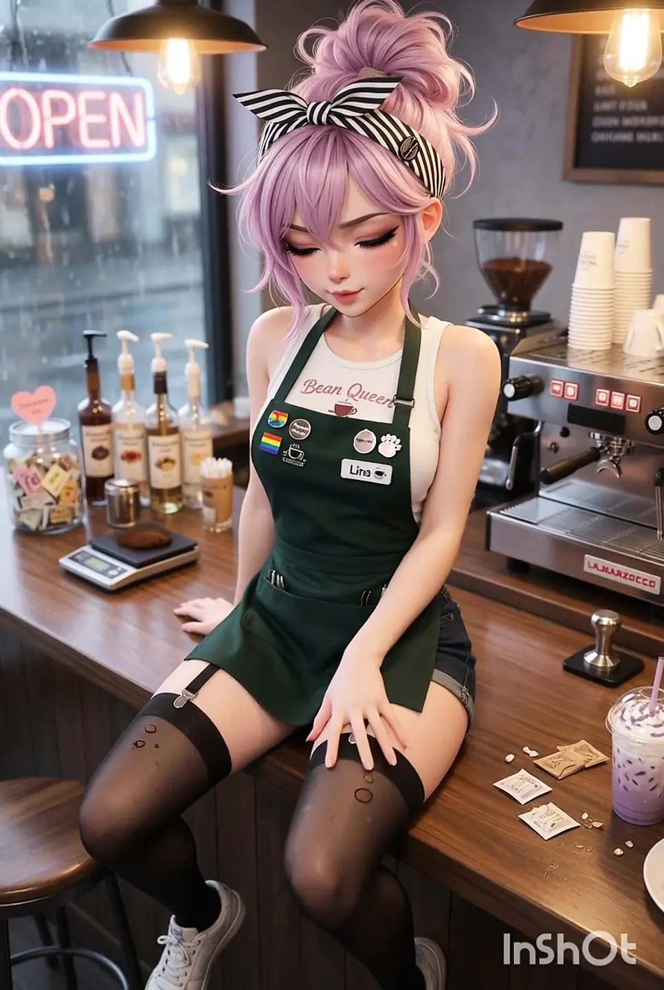 Barista nhỏ nhắn gợi cảm nóng bỏng đang chờ đợi khách hàng của cô ấy, thủ dâm