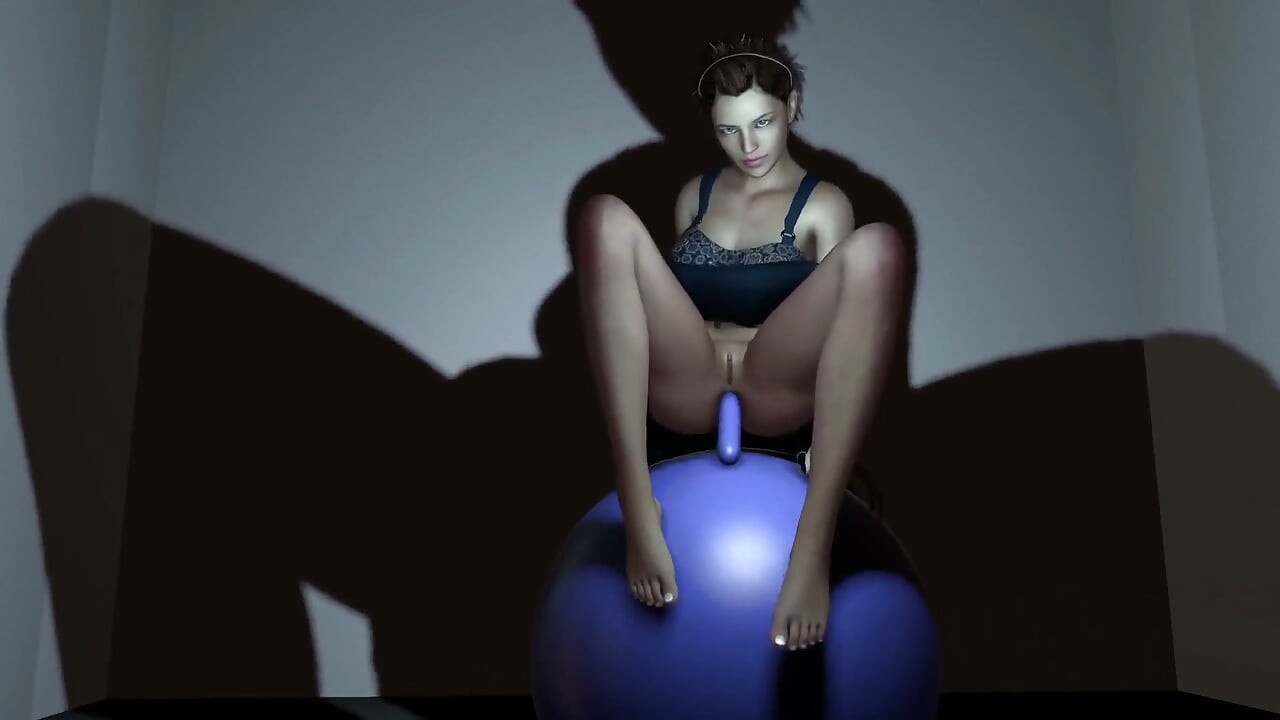Riding a yoga ball with a plastic cock in the ass