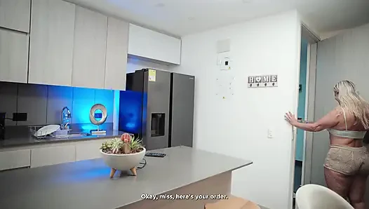 A busty blonde cougar makes a proposition to the delivery guy