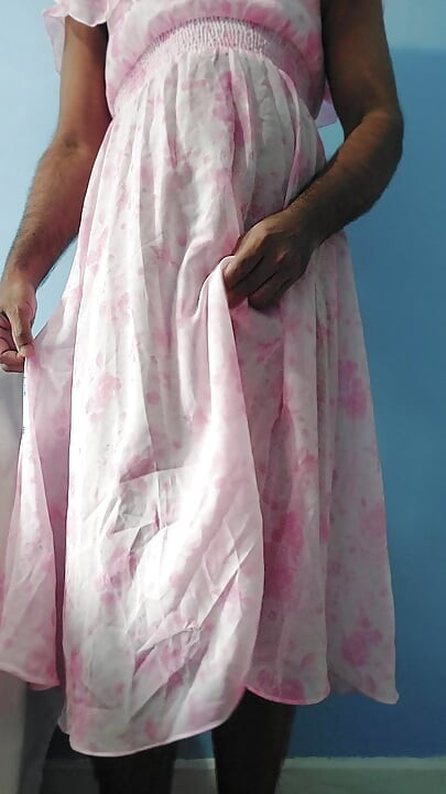 It feels so horny to masterbate wearing a silk seethrough fleard chiffon flowers frock