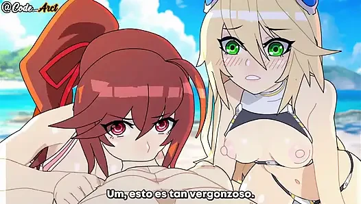 girls have threesomes on the beach and get a big fuck (BlazBlue) (sub español)