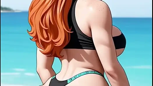 Riesiger arsch hüpft am strand, ai Animation