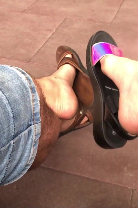 Outdoor sandals dangle & tease with alpha! Dirty feet fetish!