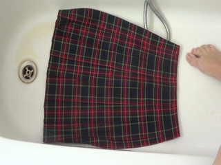 piss on red tartan school skirt