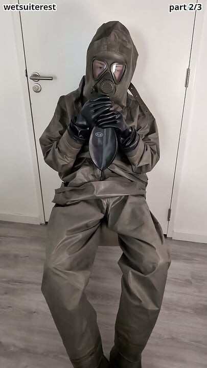 Breathplay masturbation Zodiac Zodiak heavy rubber hazmat suit with gasmask rebreathing bag, gloves, boots