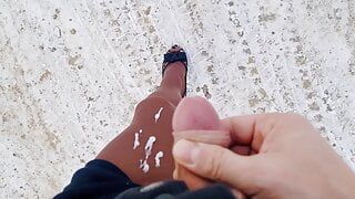 Cumshot in the snow with double layered pantyhose and high heels