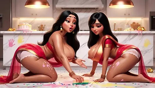 Two voluptuous Indian lesbians cleaning kitchen floor on all fours in revealing traditional attire no panties