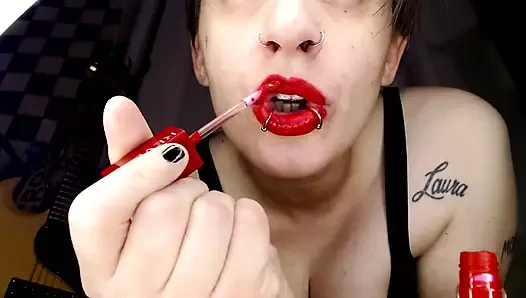 Thick Red Lipstick Application