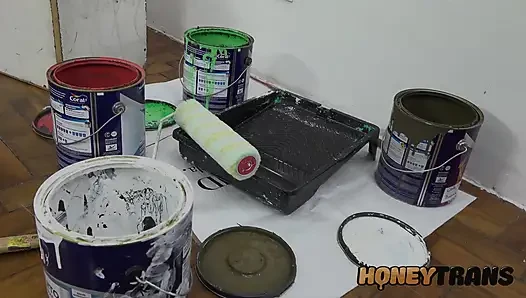 Blonde Trans Takes Break From Colouring, Stroking Cock, Until Girlfriend Joins and They Fuck Hard with Anal