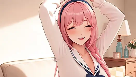 Cewek imut rambut pink lagi jalan-jalan di luar ruangan sambil jalan-jalan ke kamar tidur yang lembut