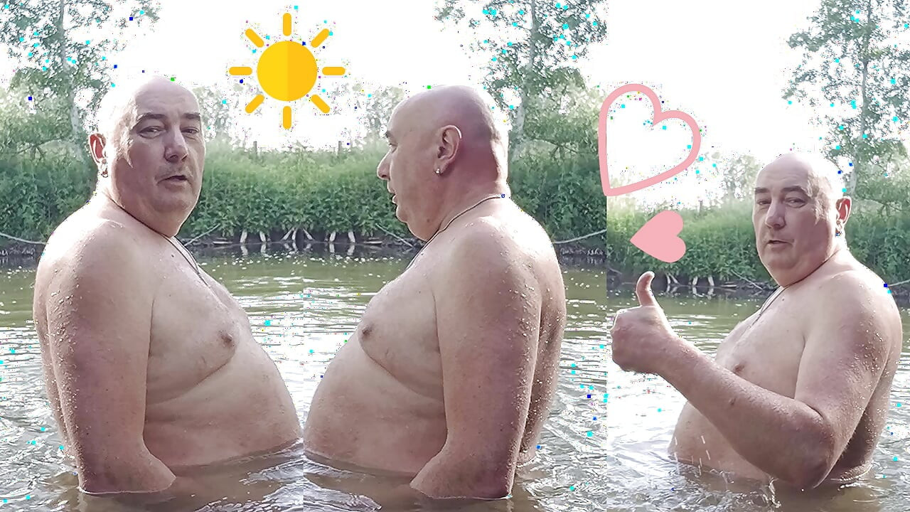 The plump, mustachioed daddy is having a blast in the stream, shamelessly masturbating with mud