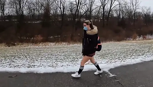 Teen Girl in Plaid Skirt Gets a Ride to School From a Stranger on a Snowy Day