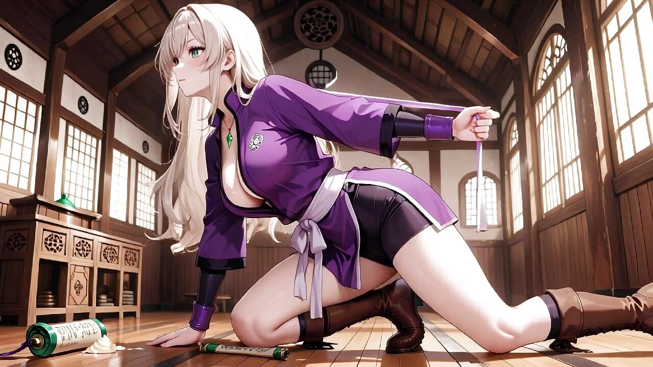Lila Kimono Warrior! Förbjudet retas i den japanska Dojo. Knäböjer med ett svärd och lyfter hennes fåll för att avslöja hemligheter.