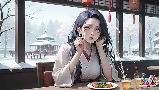 Sexy, schmutzige Verführung in einem schneeigen Café mit Kimono-Cream Drip - geiler hardcore-porno!