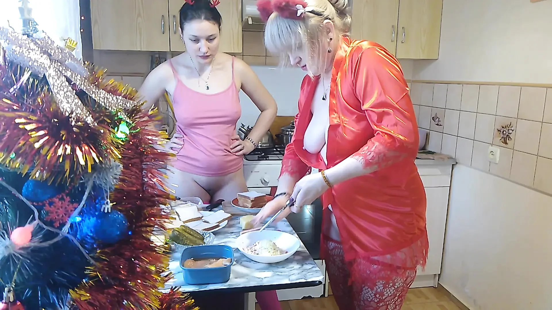 Erotic New Year’s Eve cooking in a thong and beautiful lingerie