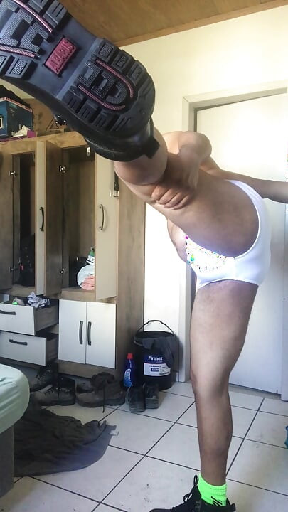 Trying Out New Swim Trunks and Boots. Exercises and Stretches.