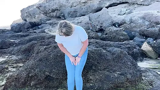Peeing in Tight Jeans on the Beach