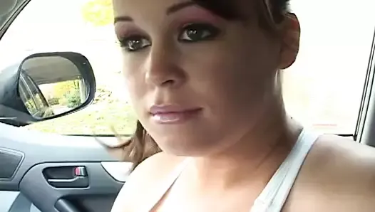 Brunette with Big Boobs jerking off a random Guy in his Car