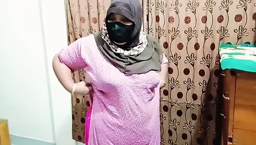 Hijabi girl takes off her clothes and wears a saree. Those big breasts are visible.