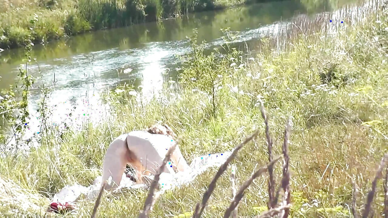 Wild beach Random guy passing by saw naked woman sexy mature Milf sunbathing on river bank Doggystyle Doggy style Butt Ass Pussy