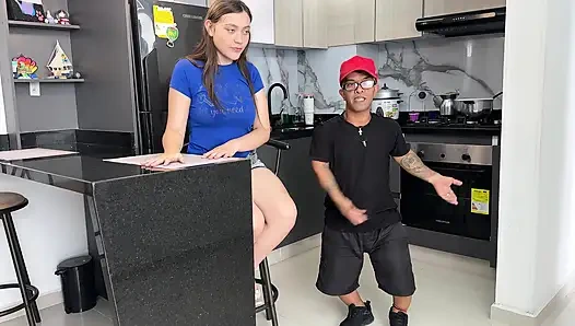 A small stepdad with a hard and huge cock gives his stepdaughter's horny girlfriend a hard fuck, until he finishes with all his rich cum.