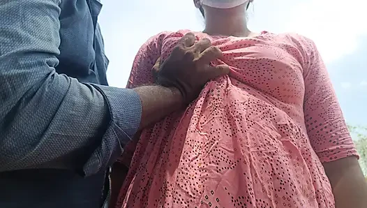 Housewife hot breast squeeze romance in outdoor