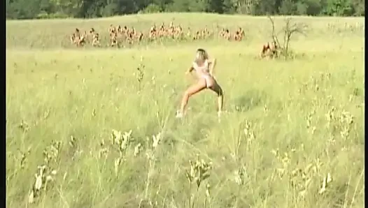 Blonde Babe Drinks Dripping Piss Bowl in Wild Outdoor Gangbang