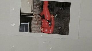Cumtribute for domina in red latex suit and strapon