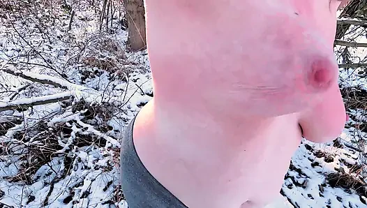 Busty girl naked titslapping in smow