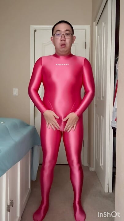 Rose Red Amoresy Spandex Suit, Hot Jerking Off with my Bulge, Boner, Ass, Condom and Cum