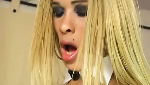 Transsexual blonde gets blowjob in bed from guy before fucks