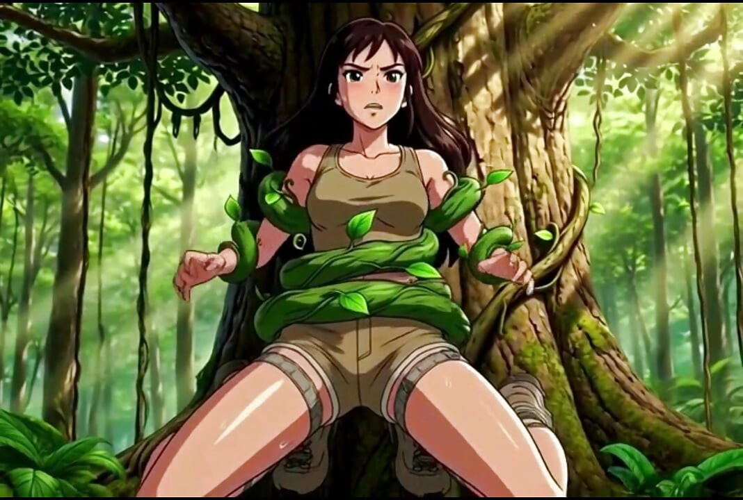 Explorer girl bound in teasing vines that give her  Bound in teasing vines that  intimate pleasure