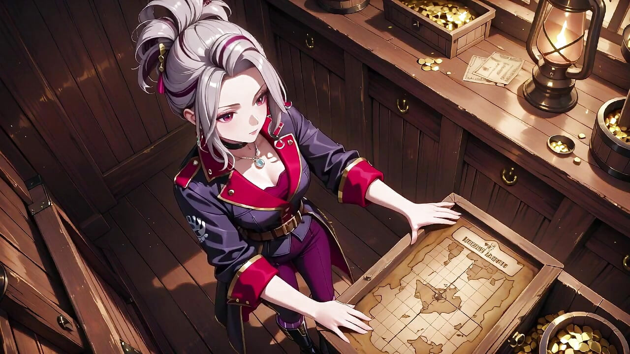 Silver-Haired Pirate Queen! Sun-drenched ship cabin, navy uniform slightly damp, kneeling with a teasing gaze.
