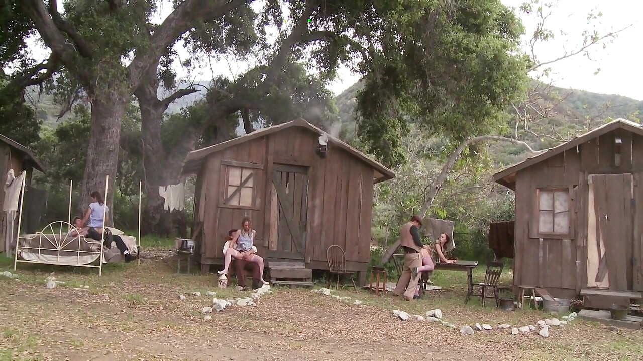 Lusty sluts are sucking and fucking two guys outdoors