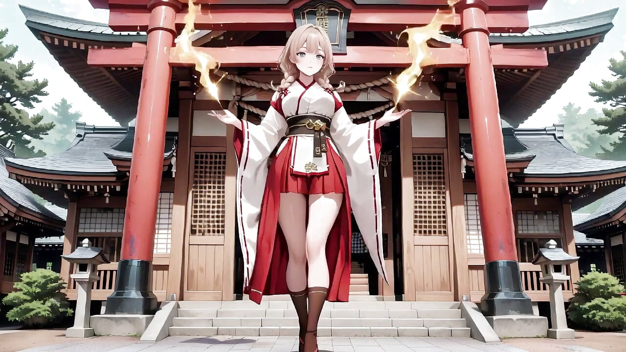 Red & White Miko! Forbidden Encounter at the Shrine, Golden Hair Trembling Under Sacred Robes, From Solemn Kneel to Blurry Gaze