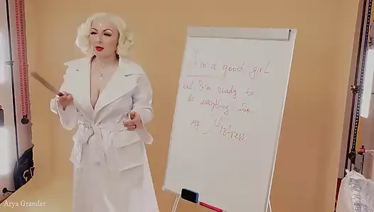 JOI Jerk off Instructions for Girls - Femdom POV Backstage Video - Fetish Mistress in Pvc Vinyl Coat