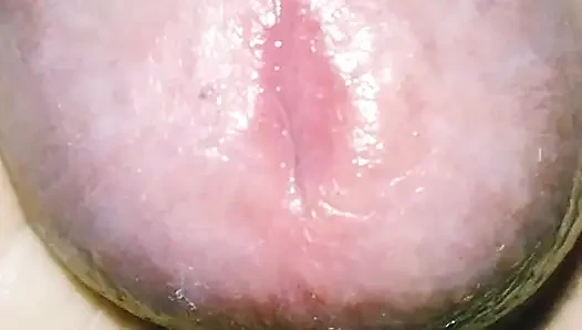 Daha iyi bir gün için sabah yakın çekim mastürbasyonu, spermle dolu