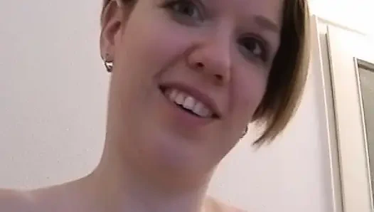 Sexy German teen in stockings fucks herself with dildo