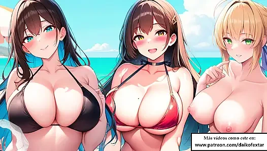 Испанская ролевая игра JOI - хентай девушки делают вам коллективную мастурбацию на пляже.